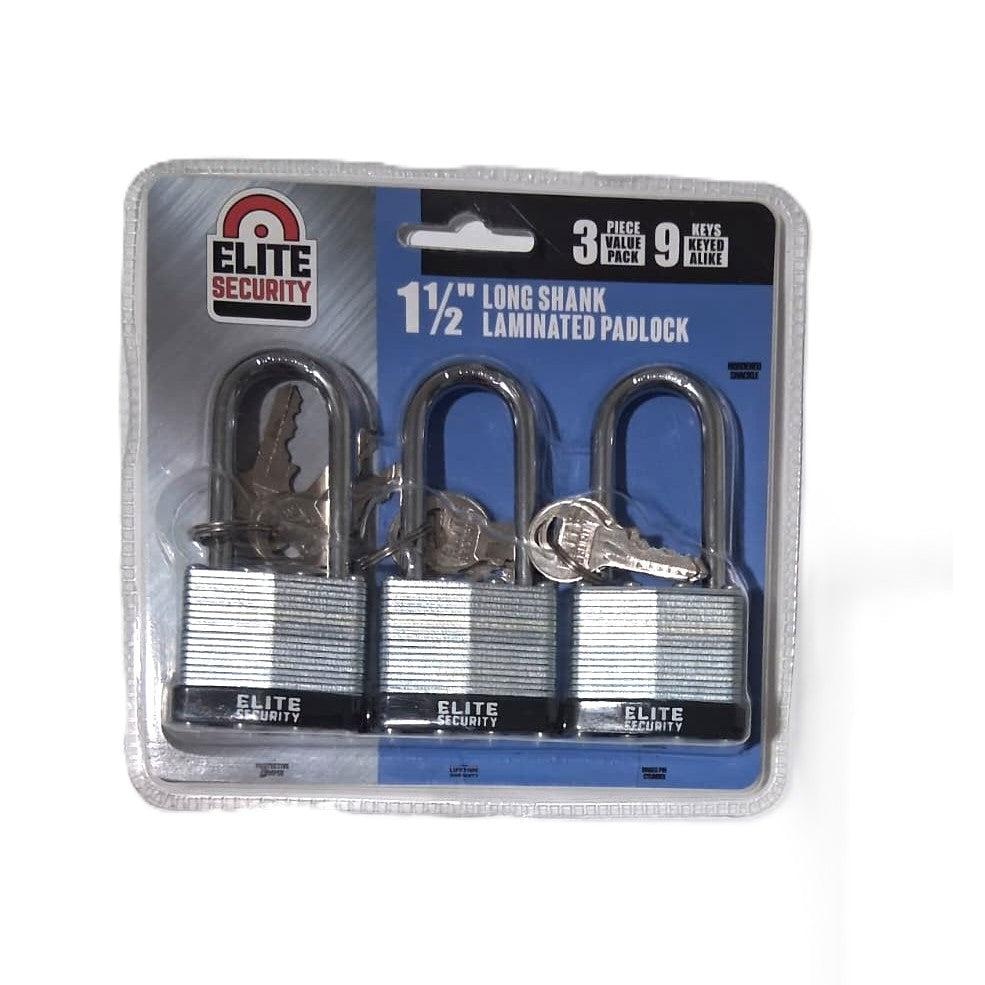 Elite Security 3-Pack 1-1/2" Long Shank Laminated Padlocks – Keyed Alike (9 Keys)