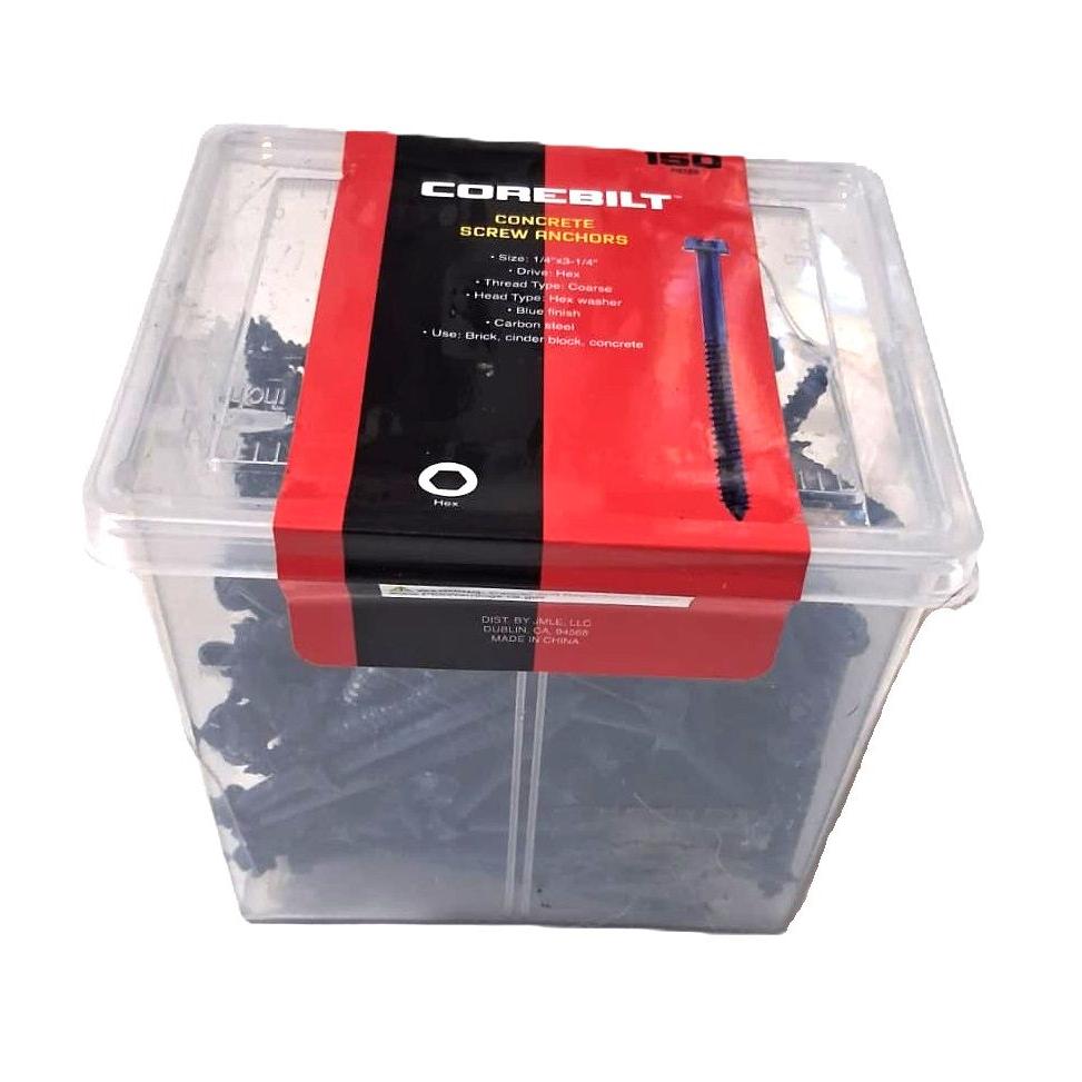 CoreBilt Concrete Screw Anchors – 1/4" x 3-1/4", 150 Pieces (Hex)