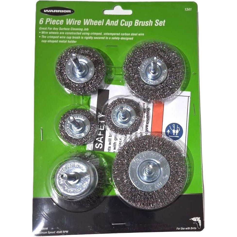 Warrior 6-Piece Wire Wheel and Cup Brush Set – Crimped Carbon Steel, 1/4" Shank