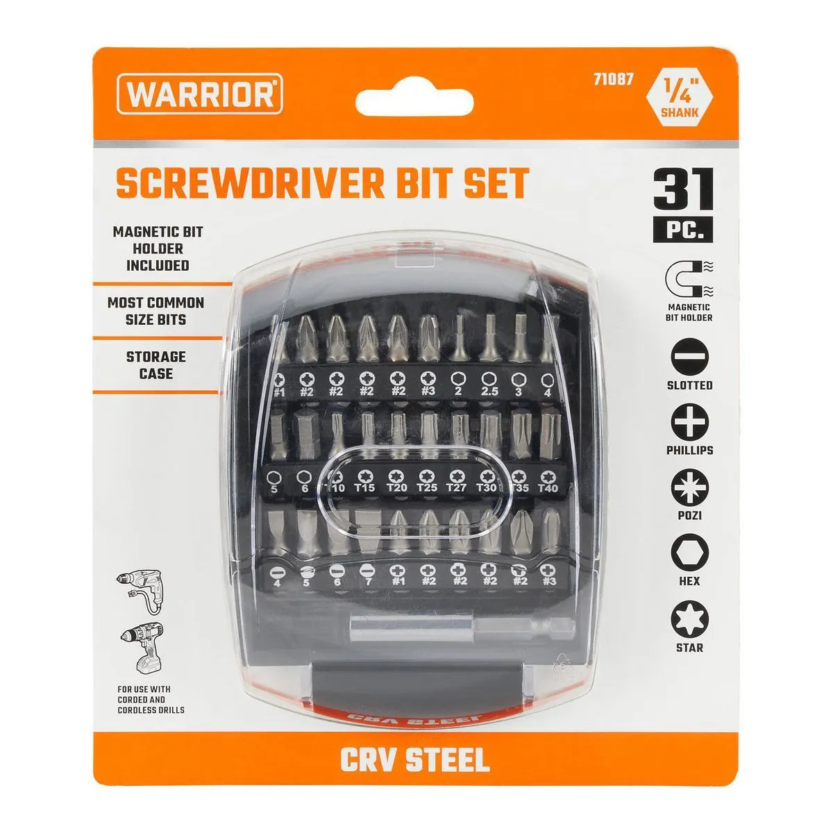 Warrior 31-Piece Screwdriver Bit Set – 1/4" Shank, CRV Steel, Magnetic Bit Holder