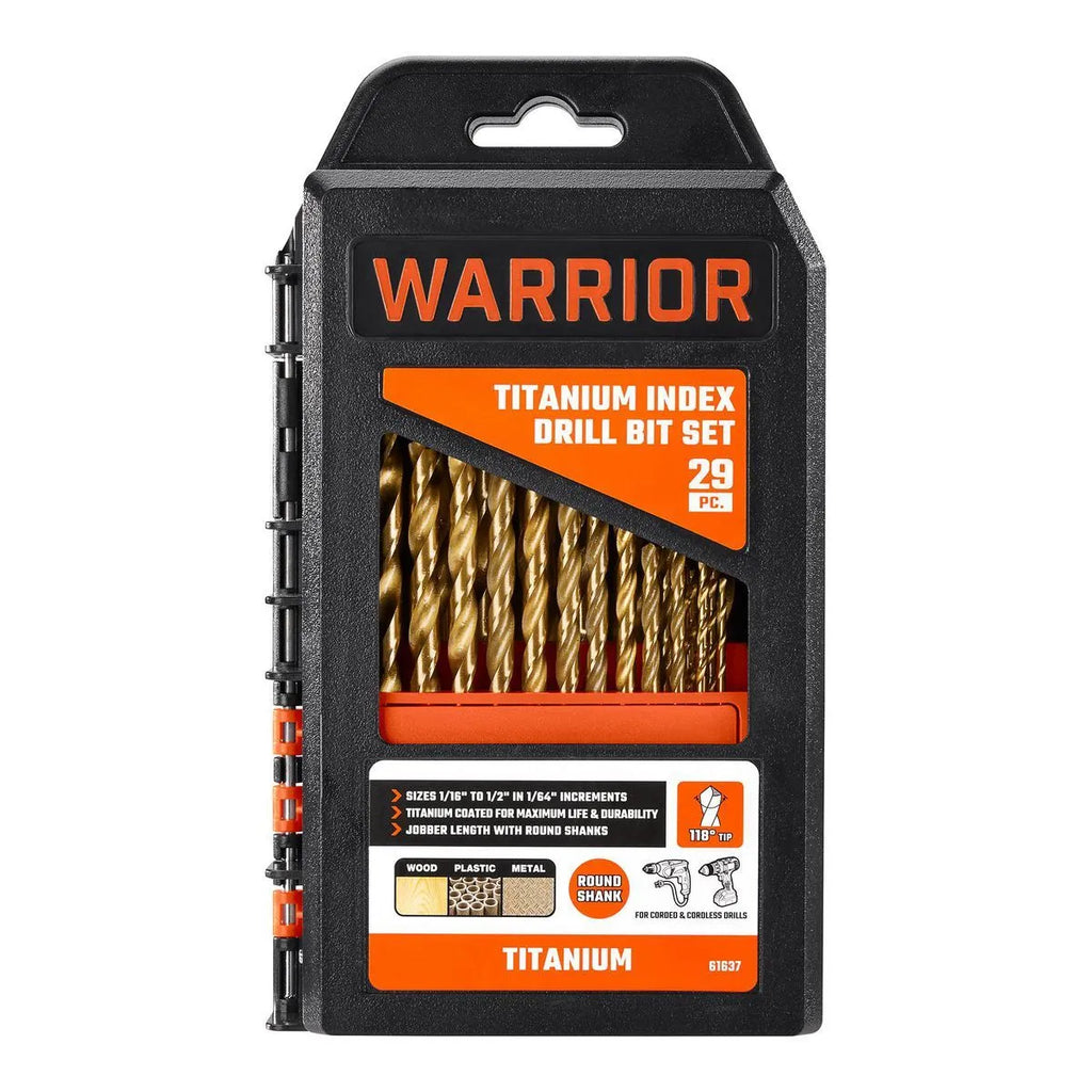 Warrior 29-Piece Titanium Index Drill Bit Set – 1/16" to 1/2", Wood, Plastic & Metal