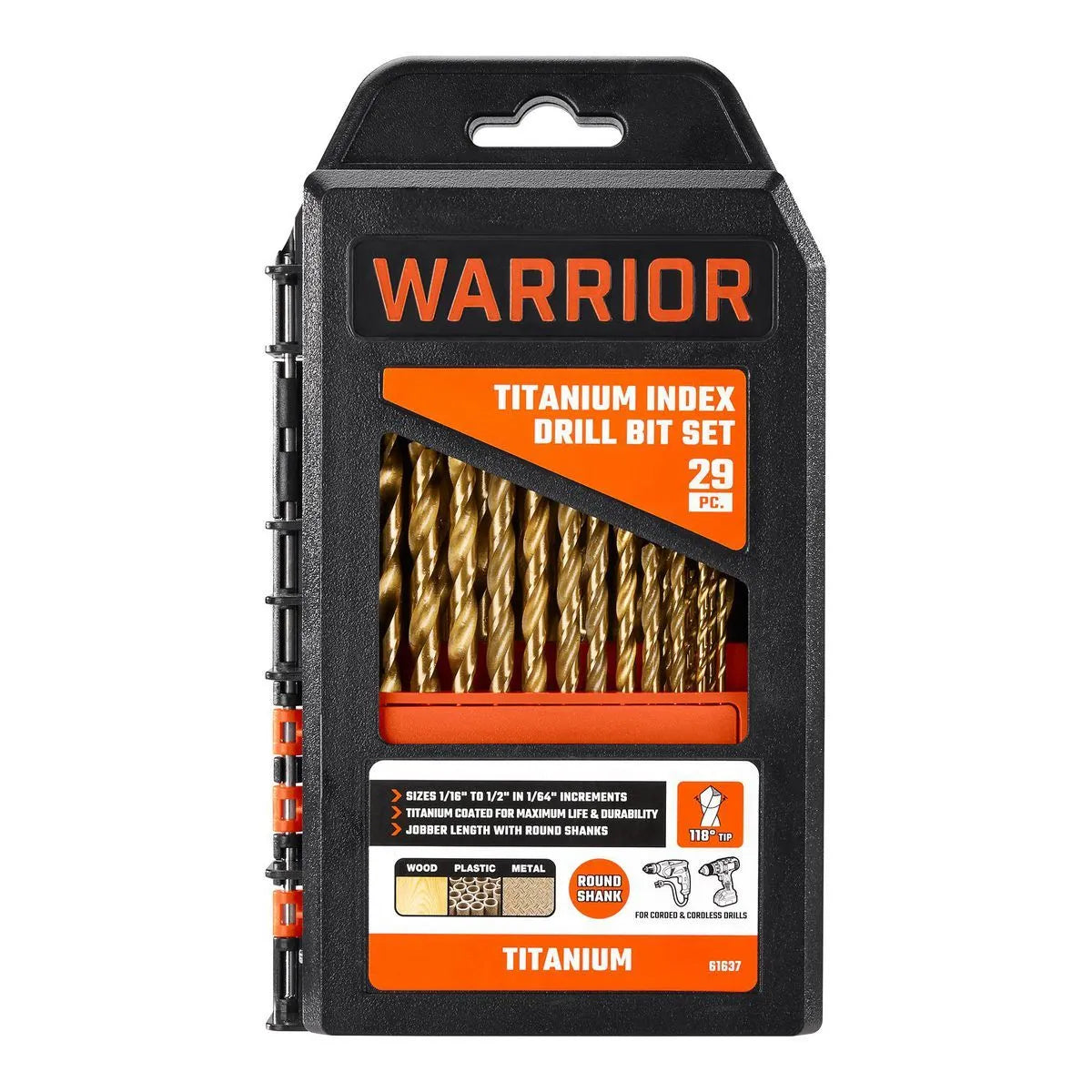 Warrior 29-Piece Titanium Index Drill Bit Set – 1/16" to 1/2", Wood, Plastic & Metal