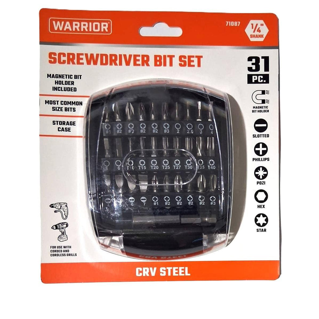 Warrior 31-Piece Screwdriver Bit Set – 1/4" Shank, CRV Steel, Magnetic Bit Holder