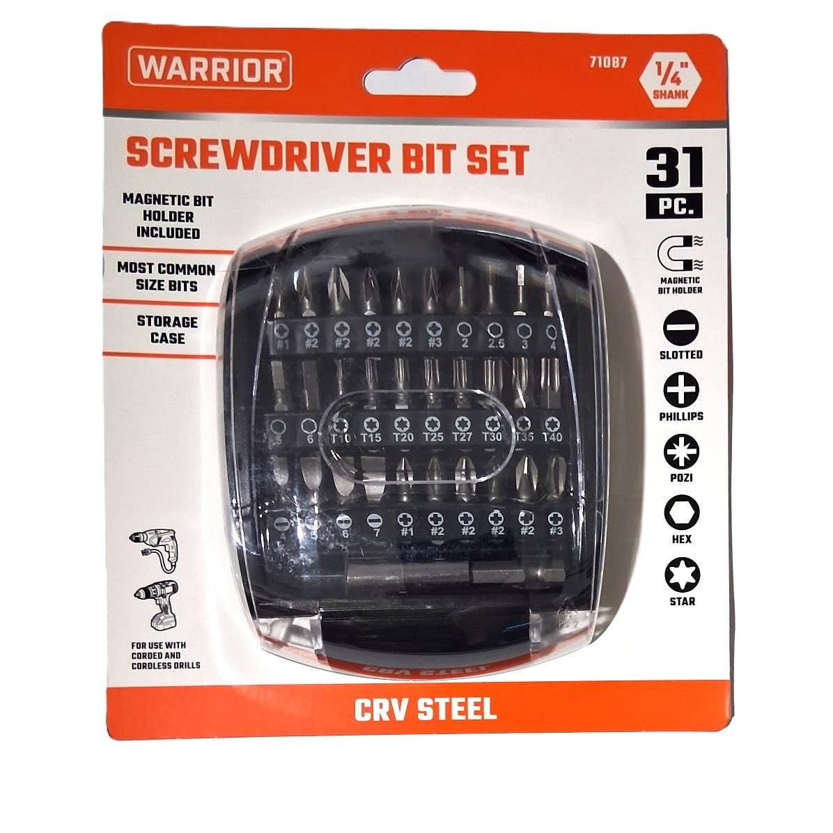 Warrior 31-Piece Screwdriver Bit Set – 1/4" Shank, CRV Steel, Magnetic Bit Holder