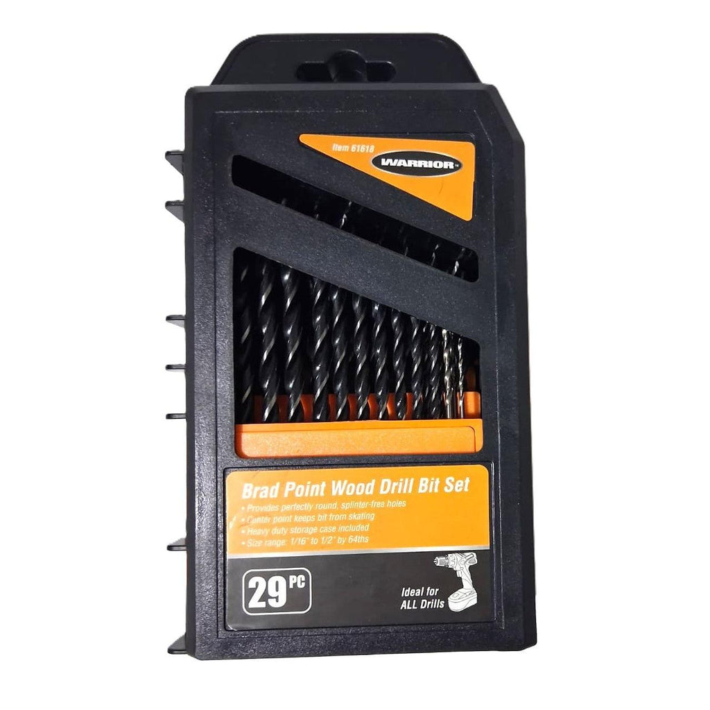 Warrior 29-Piece Brad Point Wood Drill Bit Set – 1/16" to 1/2", Heavy-Duty Case