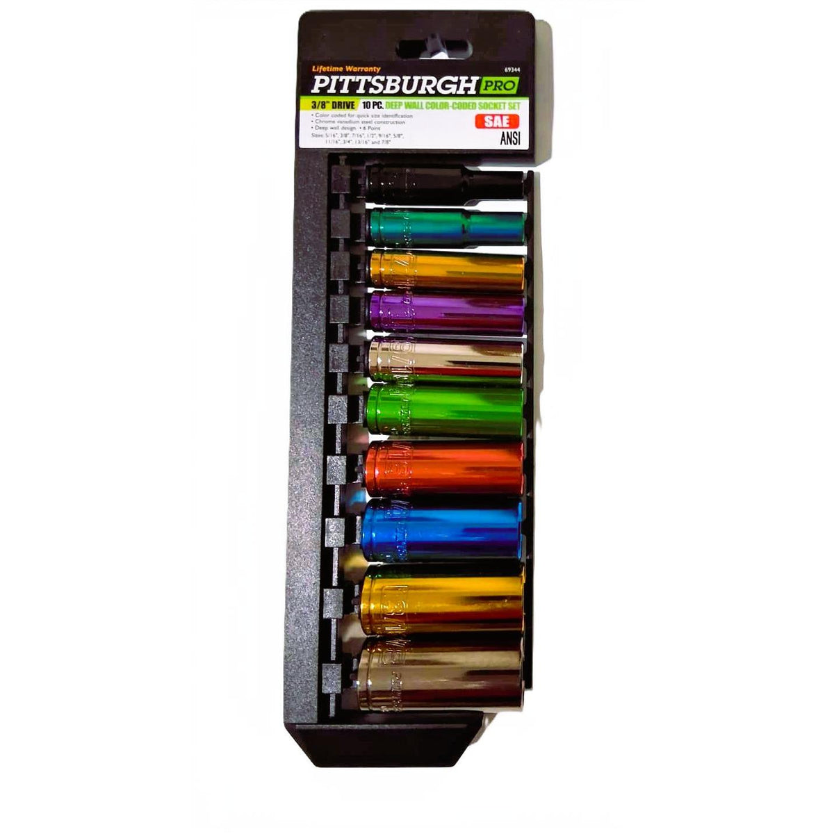 Pittsburgh Pro 10-Piece Color-Coded Deep Wall Socket Set – 3/8" Drive, SAE, ANSI