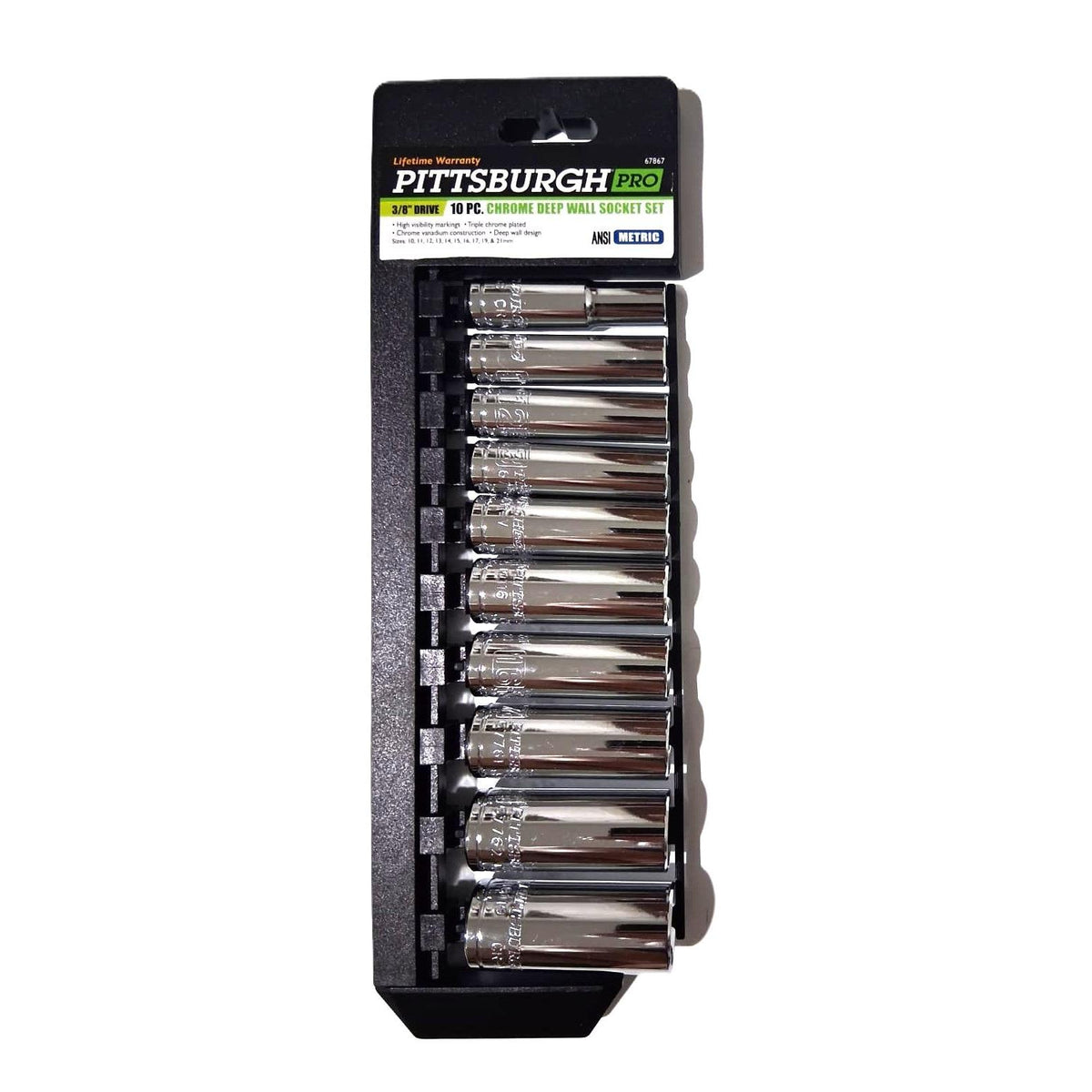 Pittsburgh Pro 10-Piece Deep Socket Set – 3/8" Drive, Metric, Triple Chrome-Plated