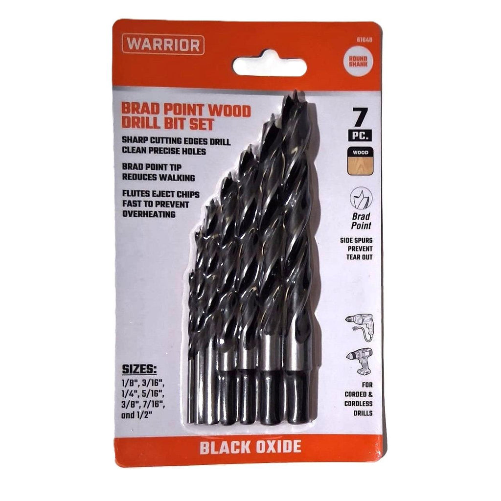 Warrior 7-Piece Brad Point Wood Drill Bit Set – Black Oxide, Round Shank, 1/8"–1/2"