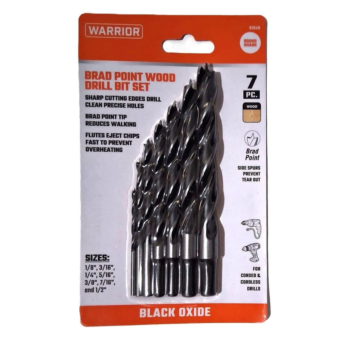 Warrior 7-Piece Brad Point Wood Drill Bit Set – Black Oxide, Round Shank, 1/8"–1/2"
