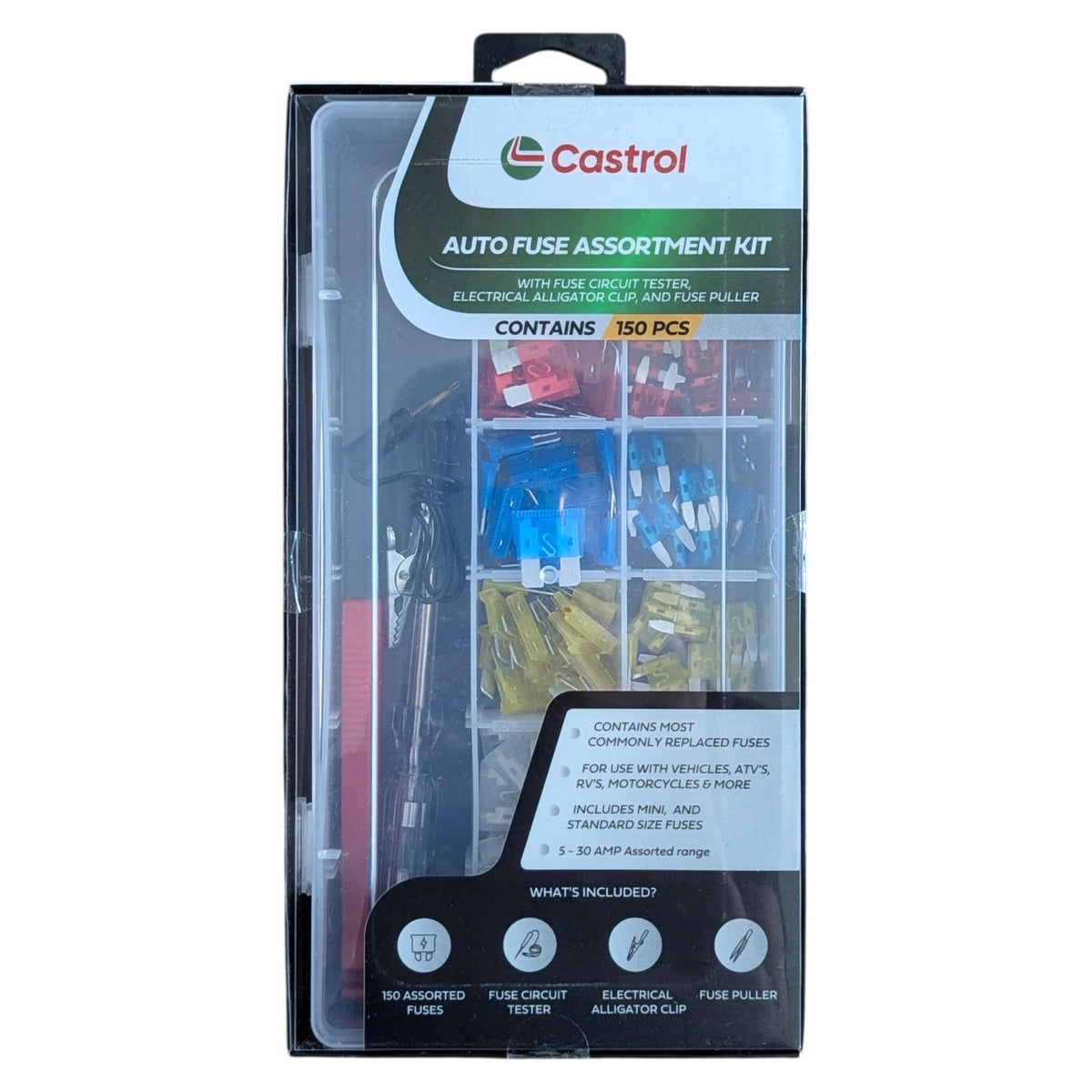Castrol Kit Surtido de Fusibles para Auto 150 Piezas Mini y Estandar 5-30A con Probador y Extractor