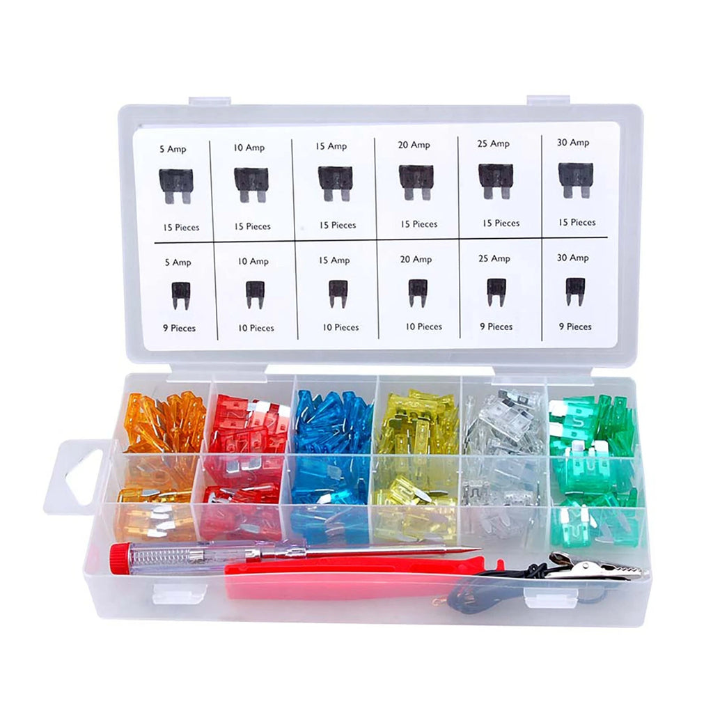 GRIP 150 PC Auto Fuse Assortment Estandar y Mini 5-30A con Tester Pinza y Tweezers | #16027
