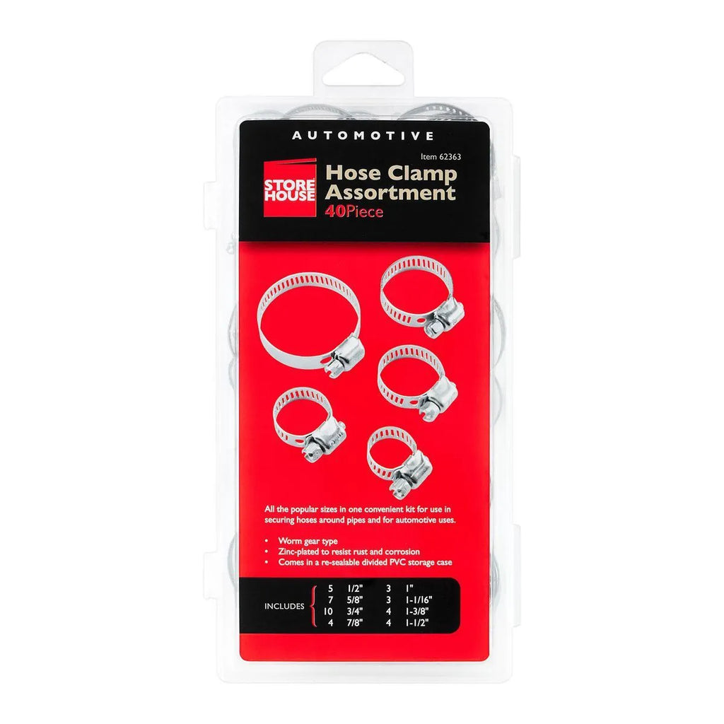 Store House 40-Piece Automotive Hose Clamp Assortment – Worm Gear, Zinc-Plated
