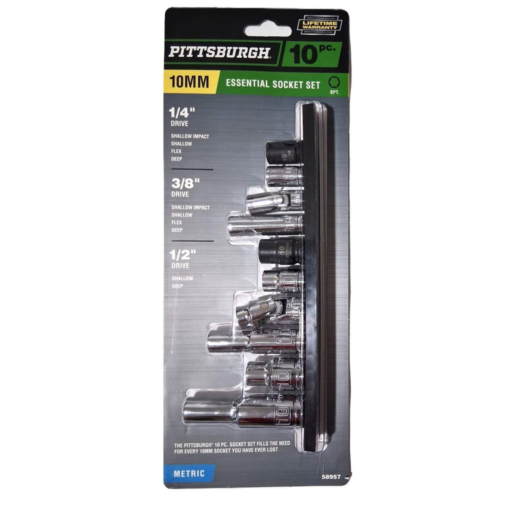 Pittsburgh 10-Piece 10mm Essential Socket Set – 1/4", 3/8" & 1/2" Drive, Metric