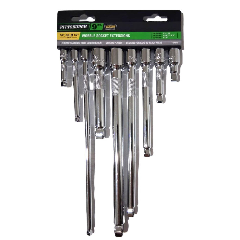 Pittsburgh 9-Piece Wobble Socket Extension Set – 1/4", 3/8" & 1/2" Drive, Chrome Vanadium