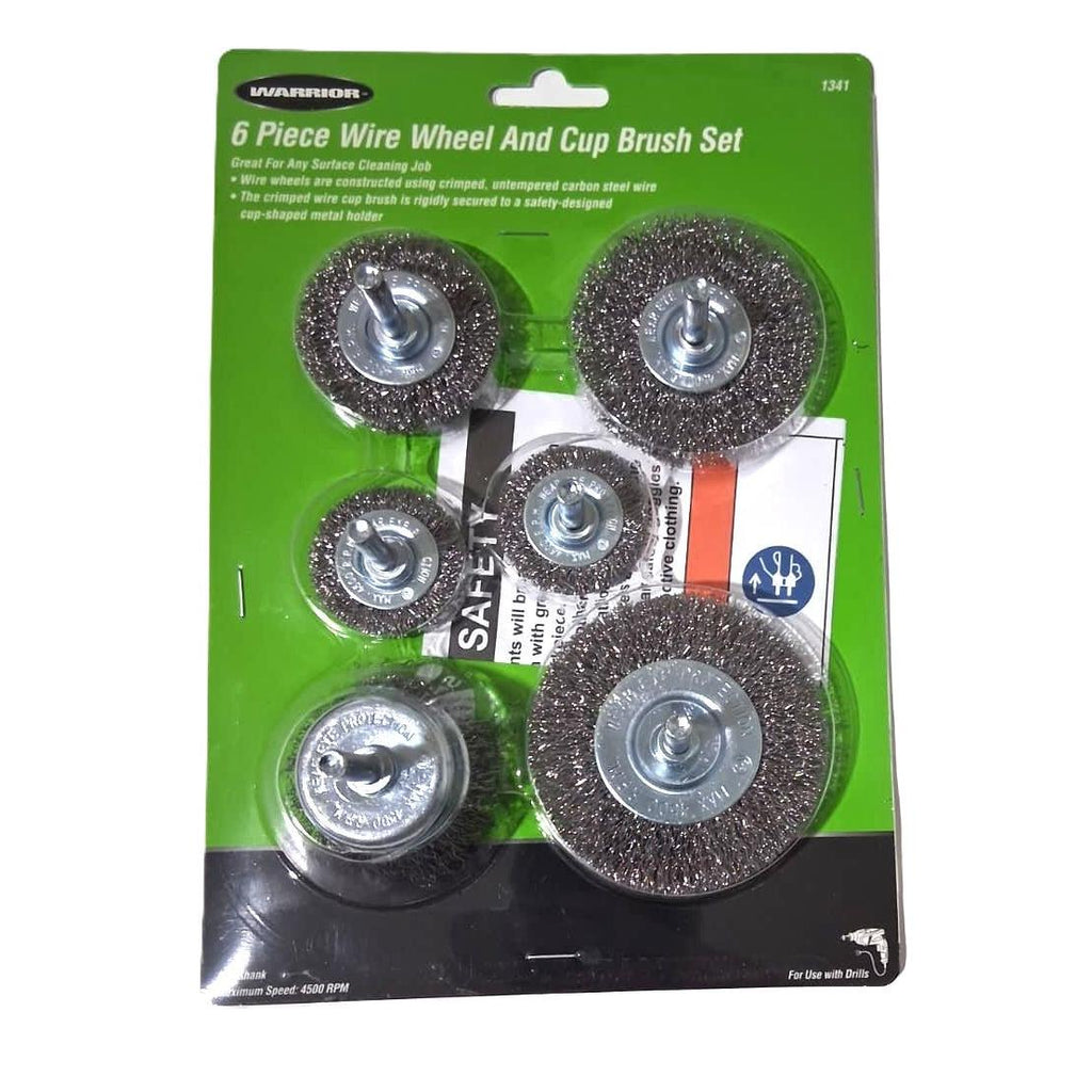 Warrior 6-Piece Wire Wheel and Cup Brush Set – Crimped Carbon Steel, 1/4" Shank