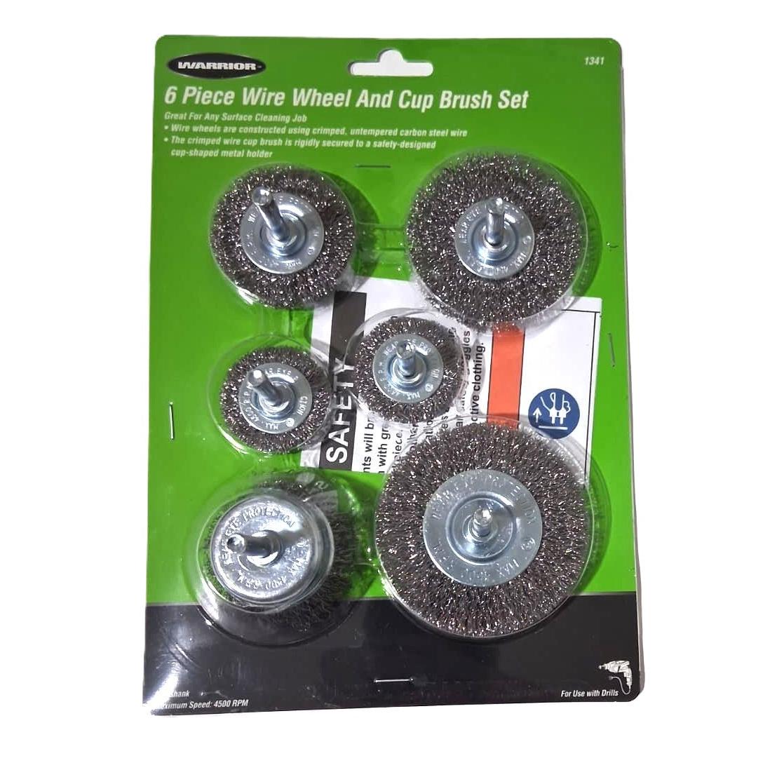 Warrior 6-Piece Wire Wheel and Cup Brush Set – Crimped Carbon Steel, 1/4" Shank