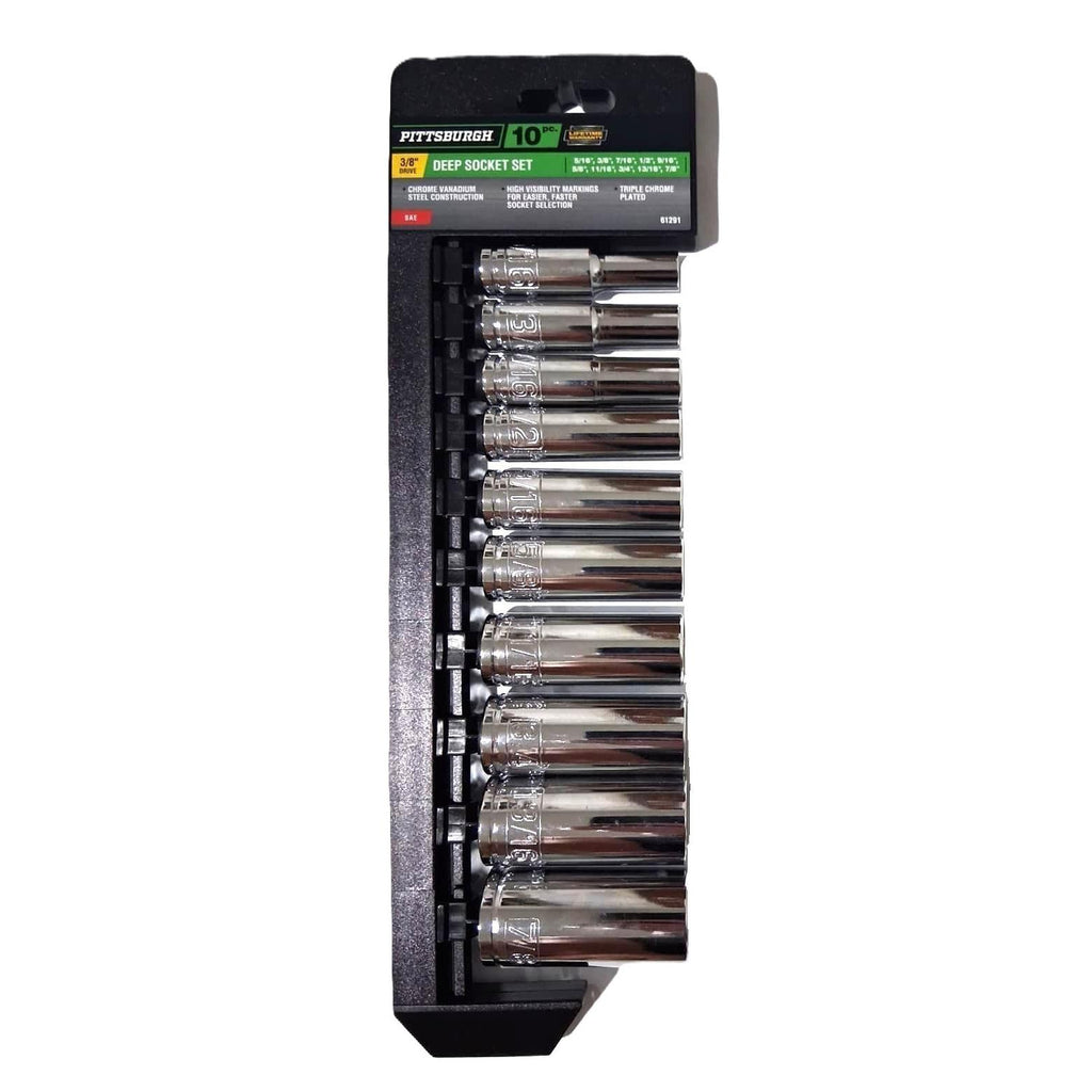 Pittsburgh 10-Piece Deep Socket Set – 3/8" Drive, SAE, Triple Chrome-Plated