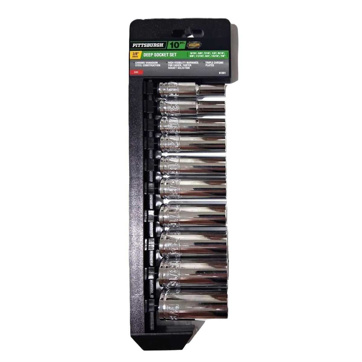 Pittsburgh 10-Piece Deep Socket Set – 3/8" Drive, SAE, Triple Chrome-Plated