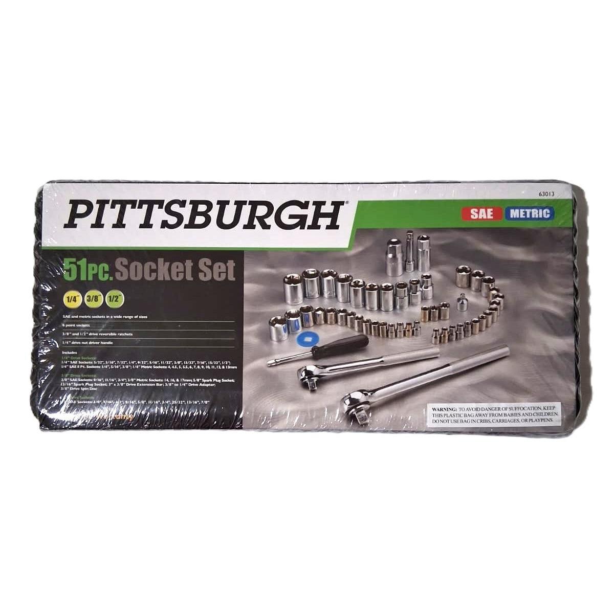 Pittsburgh 51-Piece Socket Set – 1/4", 3/8" & 1/2" Drive, SAE & Metric