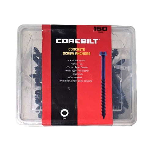 CoreBilt Concrete Screw Anchors – 1/4" x 3-1/4", 150 Pieces (Hex)