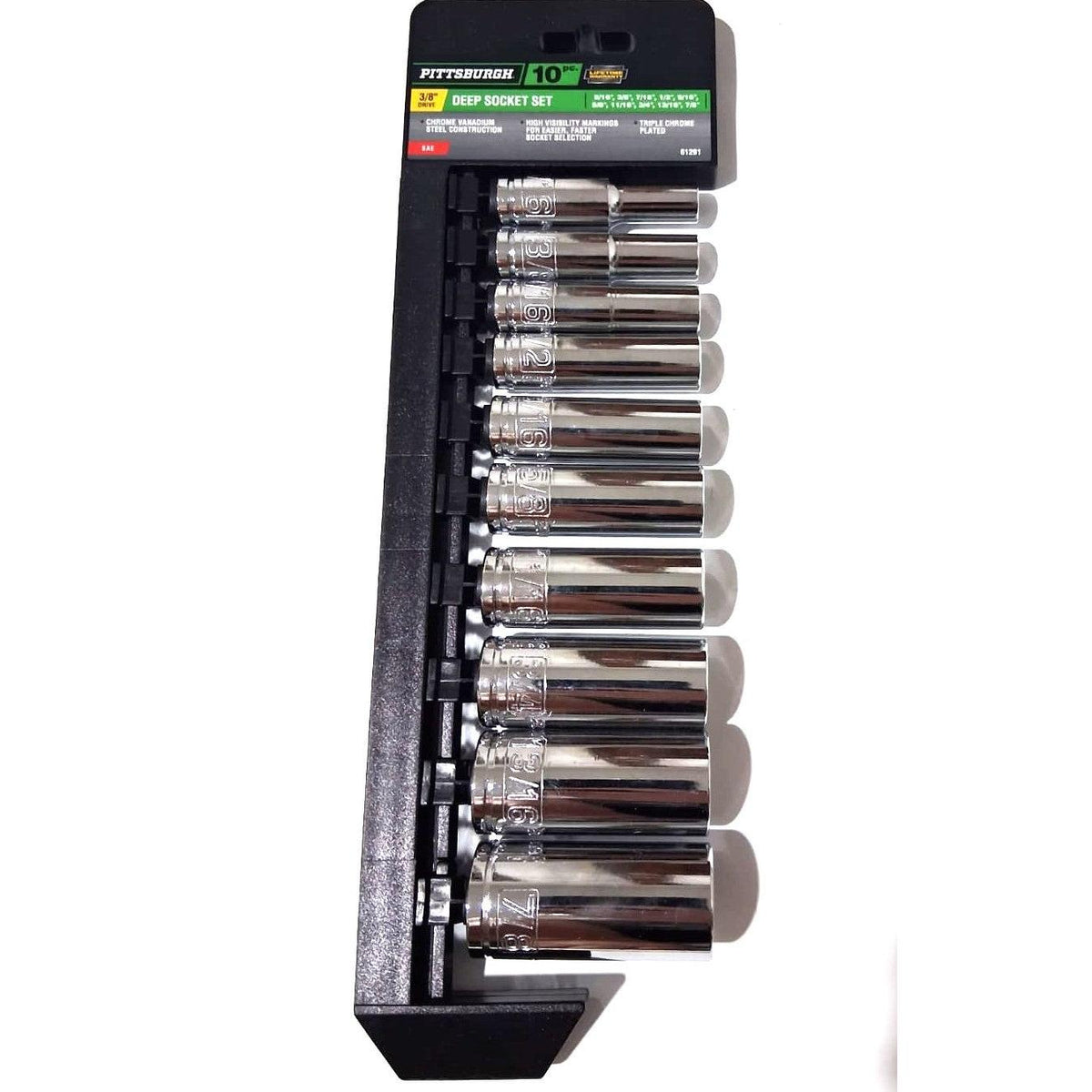 Pittsburgh 10-Piece Deep Socket Set – 3/8" Drive, SAE, Triple Chrome-Plated