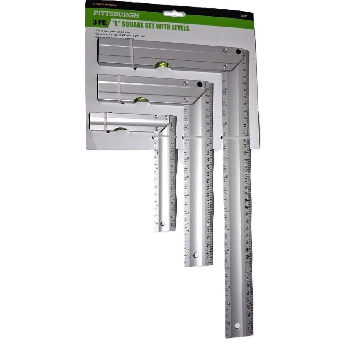 Pittsburgh 3-Piece L Square Set with Levels – Aluminum, SAE & Metric