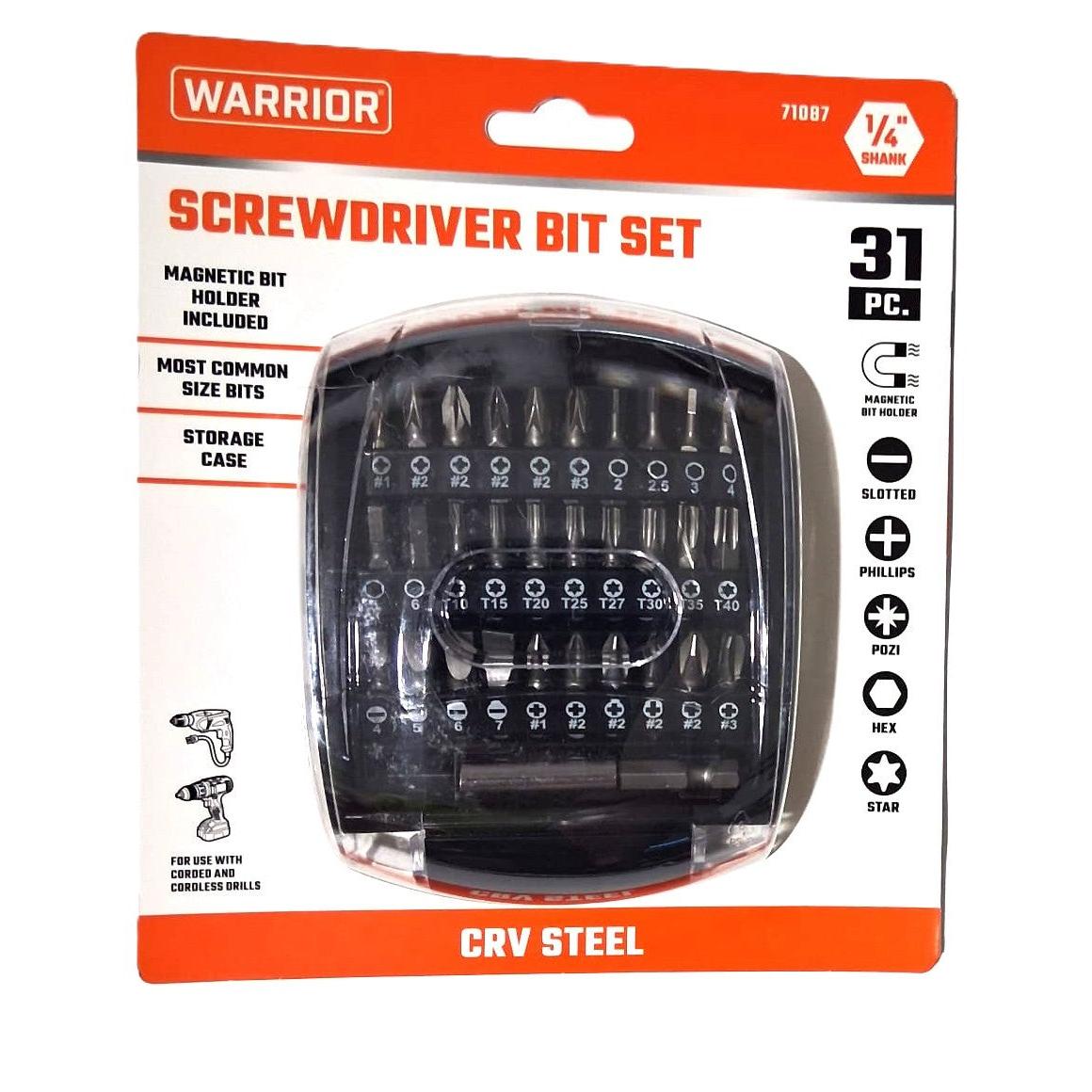 Warrior 31-Piece Screwdriver Bit Set – 1/4" Shank, CRV Steel, Magnetic Bit Holder