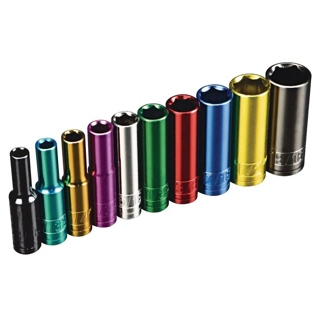 Pittsburgh Pro 10-Piece Color-Coded Deep Wall Socket Set – 1/4" Drive, SAE, ANSI