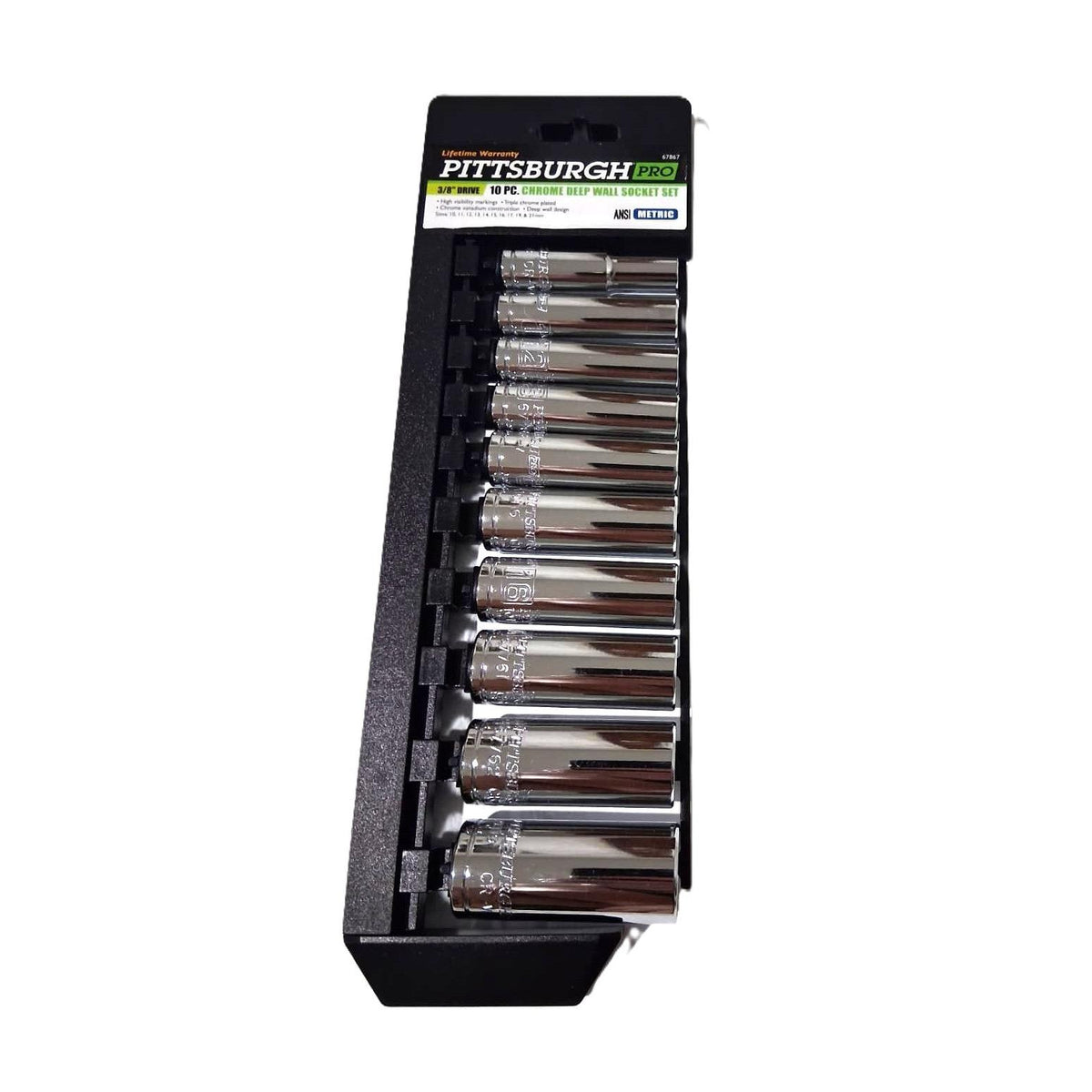 Pittsburgh Pro 10-Piece Deep Socket Set – 3/8" Drive, Metric, Triple Chrome-Plated