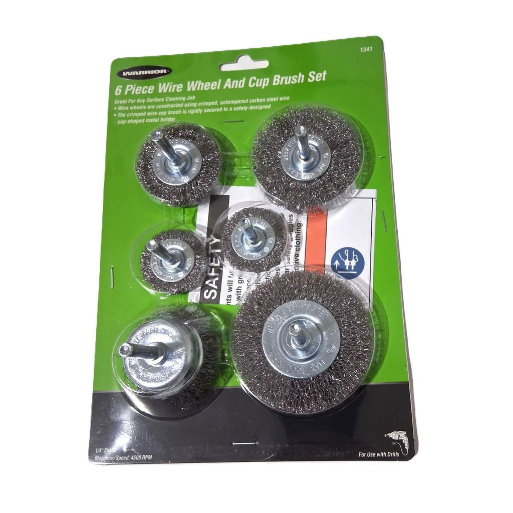 Warrior 6-Piece Wire Wheel and Cup Brush Set – Crimped Carbon Steel, 1/4" Shank
