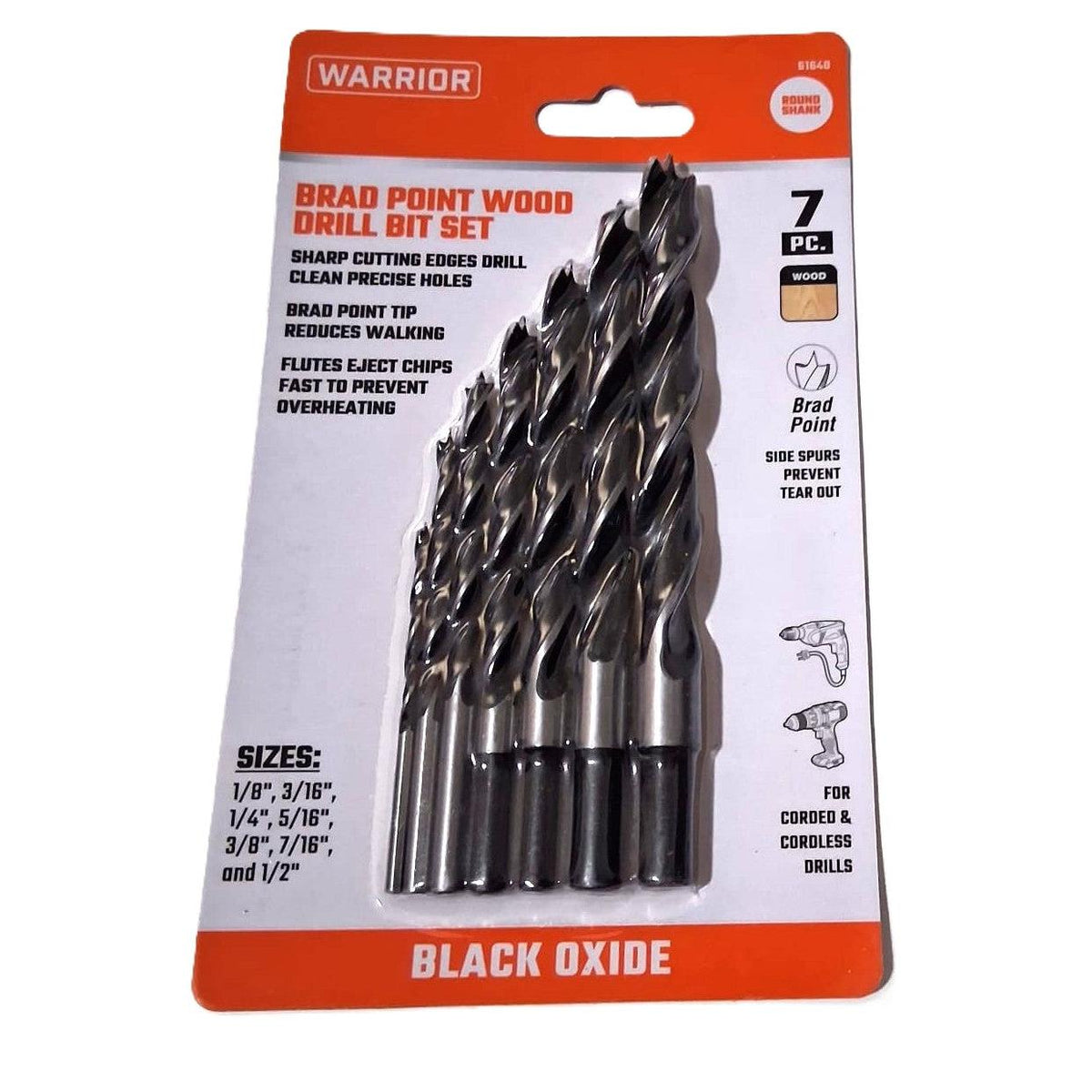 Warrior 7-Piece Brad Point Wood Drill Bit Set – Black Oxide, Round Shank, 1/8"–1/2"