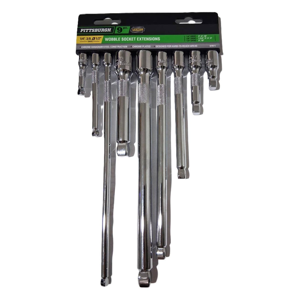 Pittsburgh 9-Piece Wobble Socket Extension Set – 1/4", 3/8" & 1/2" Drive, Chrome Vanadium