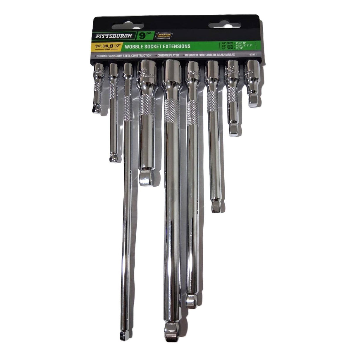 Pittsburgh 9-Piece Wobble Socket Extension Set – 1/4", 3/8" & 1/2" Drive, Chrome Vanadium
