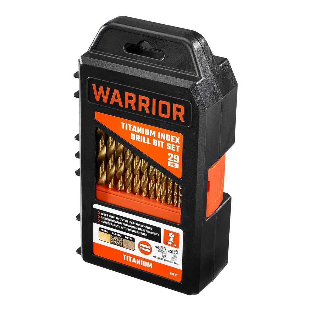 Warrior 29-Piece Titanium Index Drill Bit Set – 1/16" to 1/2", Wood, Plastic & Metal