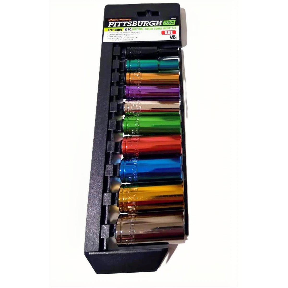 Pittsburgh Pro 10-Piece Color-Coded Deep Wall Socket Set – 3/8" Drive, SAE, ANSI