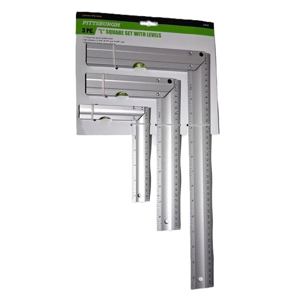 Pittsburgh 3-Piece L Square Set with Levels – Aluminum, SAE & Metric