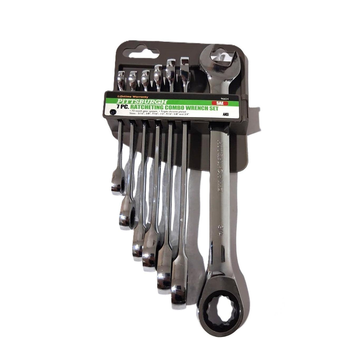 Pittsburgh 7-Piece SAE Ratcheting Combo Wrench Set – 72-Tooth, Triple Chrome, ANSI
