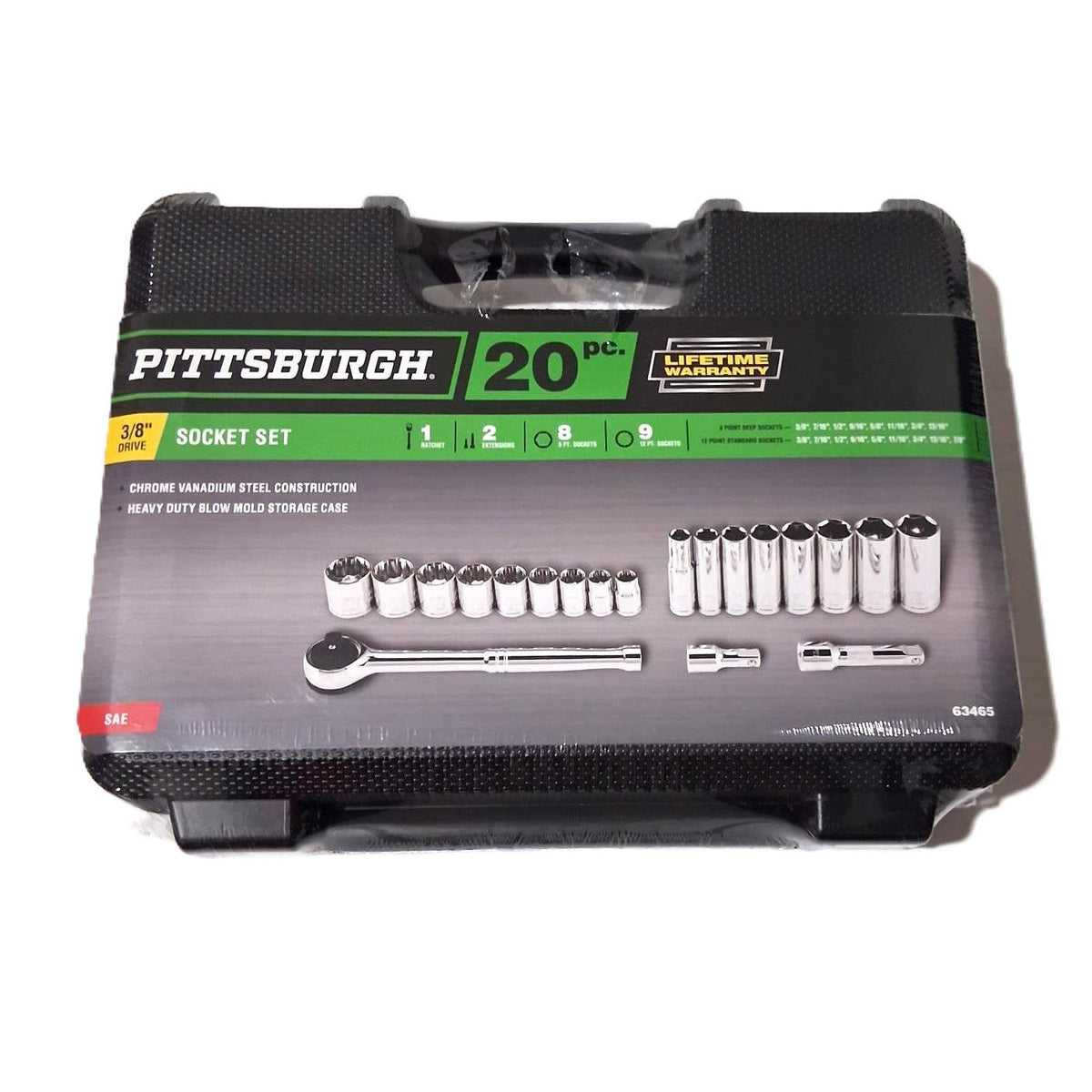 Pittsburgh 20-Piece SAE Socket Set – 3/8" Drive, Chrome Vanadium, Blow Mold Case