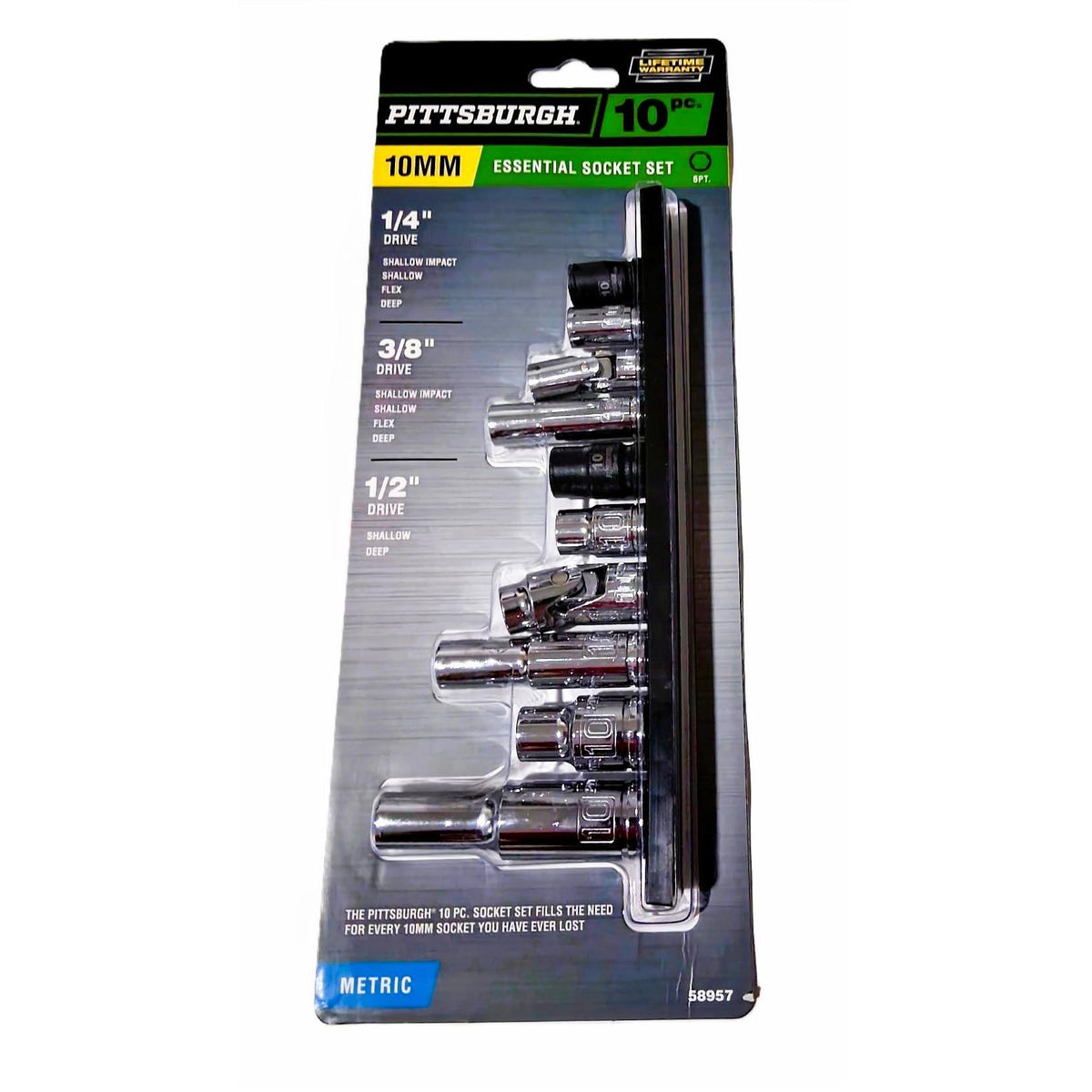 Pittsburgh 10-Piece 10mm Essential Socket Set – 1/4", 3/8" & 1/2" Drive, Metric