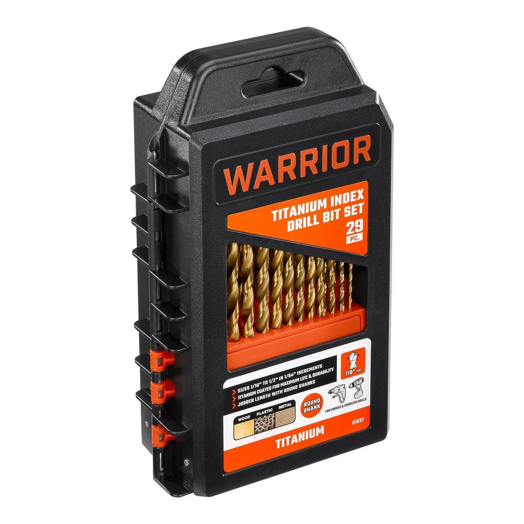 Warrior 29-Piece Titanium Index Drill Bit Set – 1/16" to 1/2", Wood, Plastic & Metal