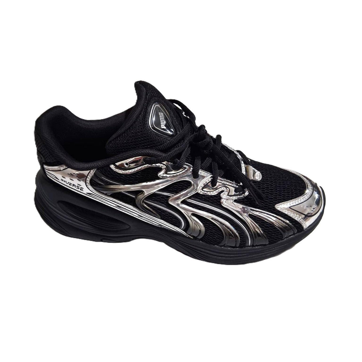 Puma Morphic x Inverse – Tenis Hombre Triple Negro/Cromo Plateado Líquido – Talla US 10