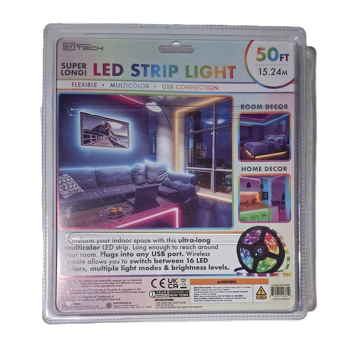 Tira LED RGB Multicolor 50 Pies (15.24m) – Simply Tech | USB | Control Remoto Incluido