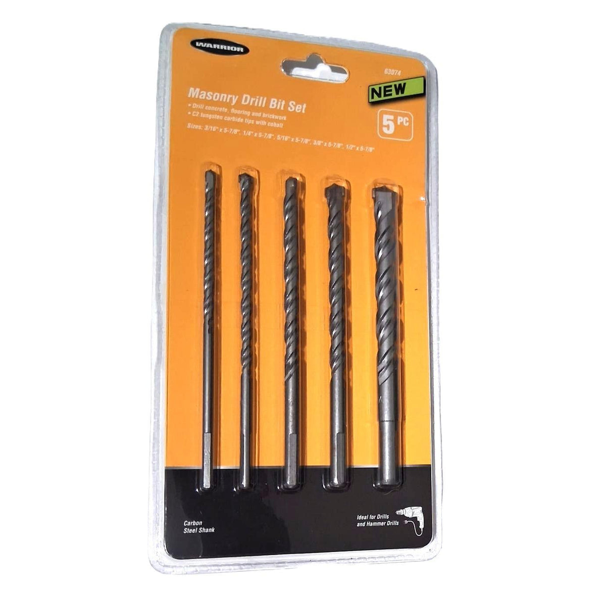 Warrior 5-Piece Masonry Drill Bit Set – C2 Carbide Tips, Carbon Steel Shank