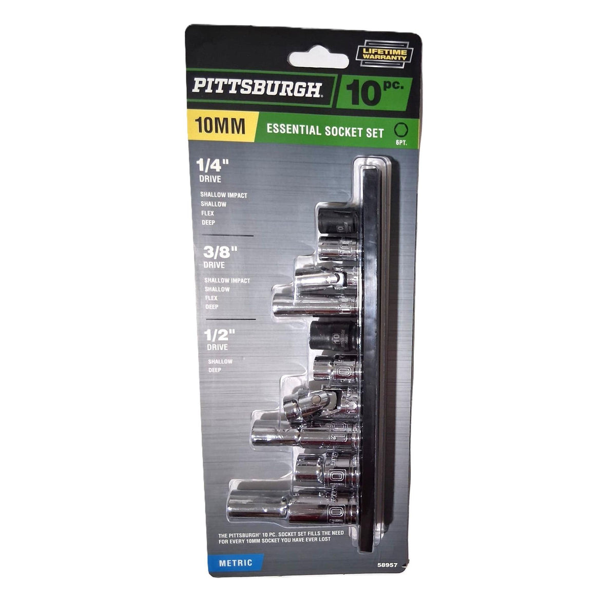Pittsburgh 10-Piece 10mm Essential Socket Set – 1/4", 3/8" & 1/2" Drive, Metric