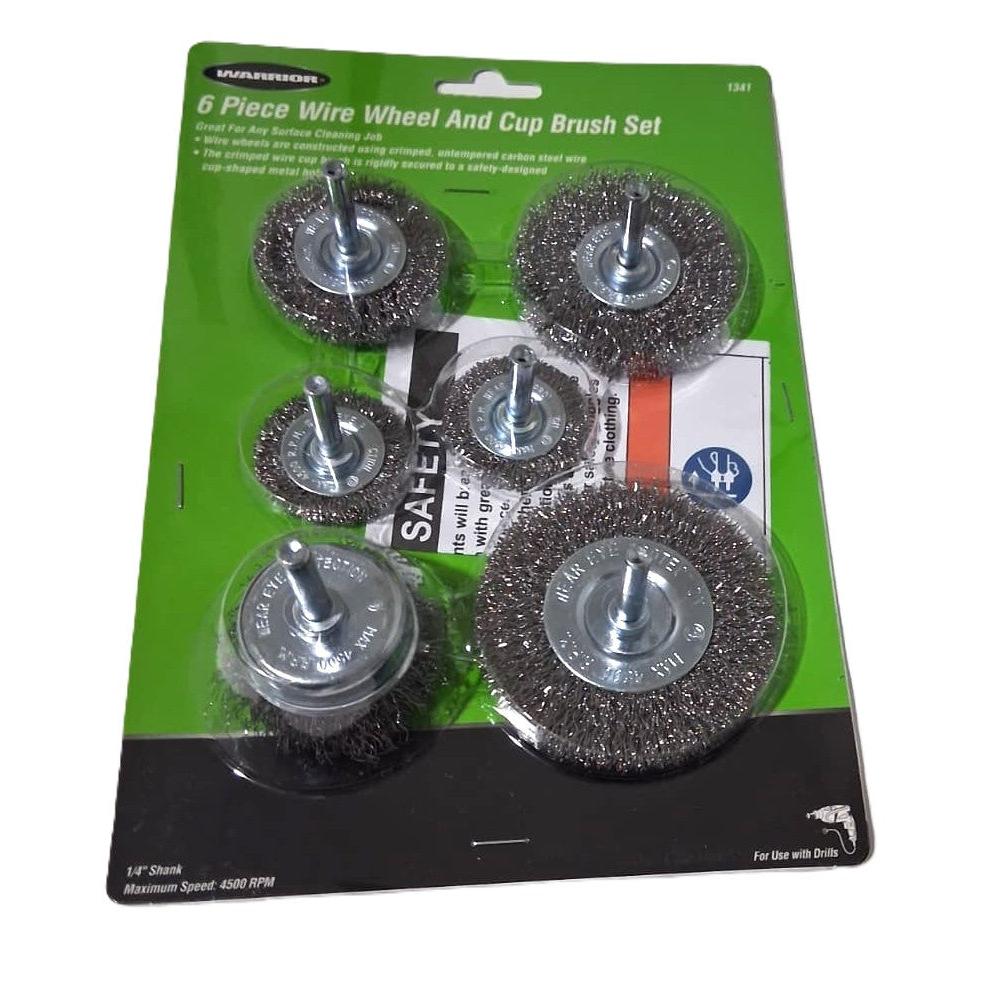 Warrior 6-Piece Wire Wheel and Cup Brush Set – Crimped Carbon Steel, 1/4" Shank