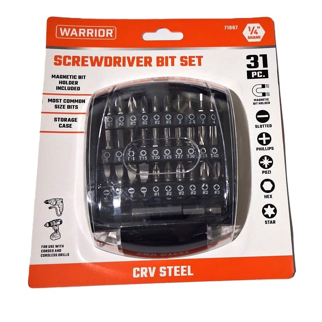 Warrior 31-Piece Screwdriver Bit Set – 1/4" Shank, CRV Steel, Magnetic Bit Holder