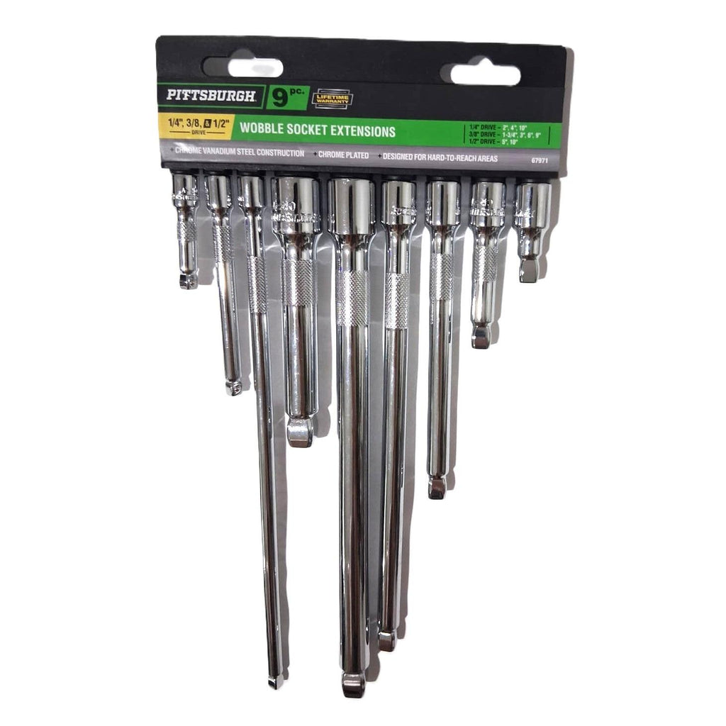 Pittsburgh 9-Piece Wobble Socket Extension Set – 1/4", 3/8" & 1/2" Drive, Chrome Vanadium