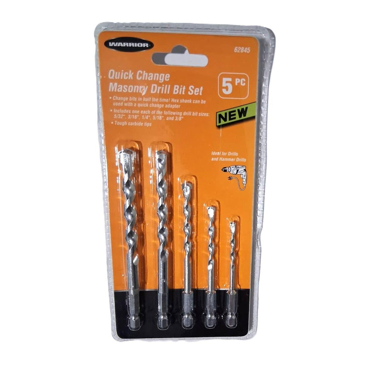 Warrior 5-Piece Quick Change Masonry Drill Bit Set – Hex Shank, Carbide Tips