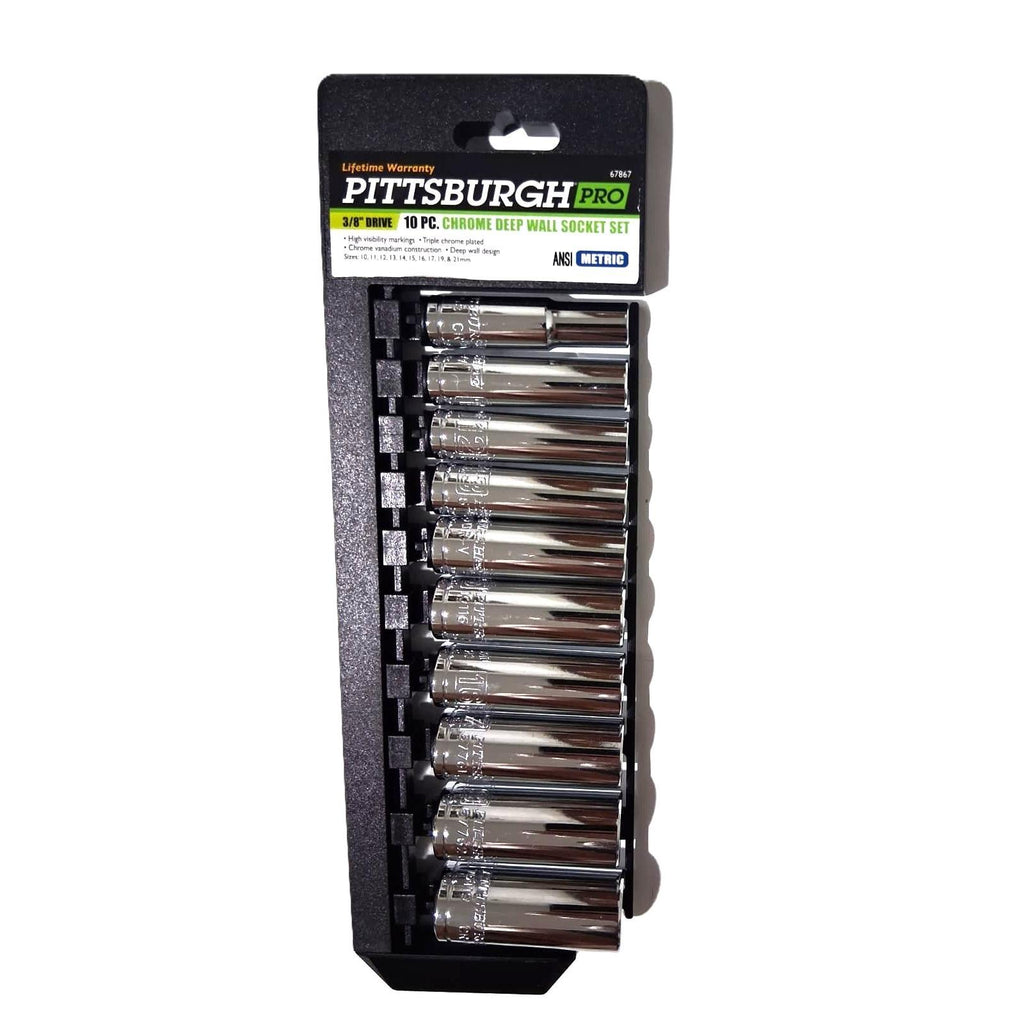 Pittsburgh Pro 10-Piece Deep Socket Set – 3/8" Drive, Metric, Triple Chrome-Plated