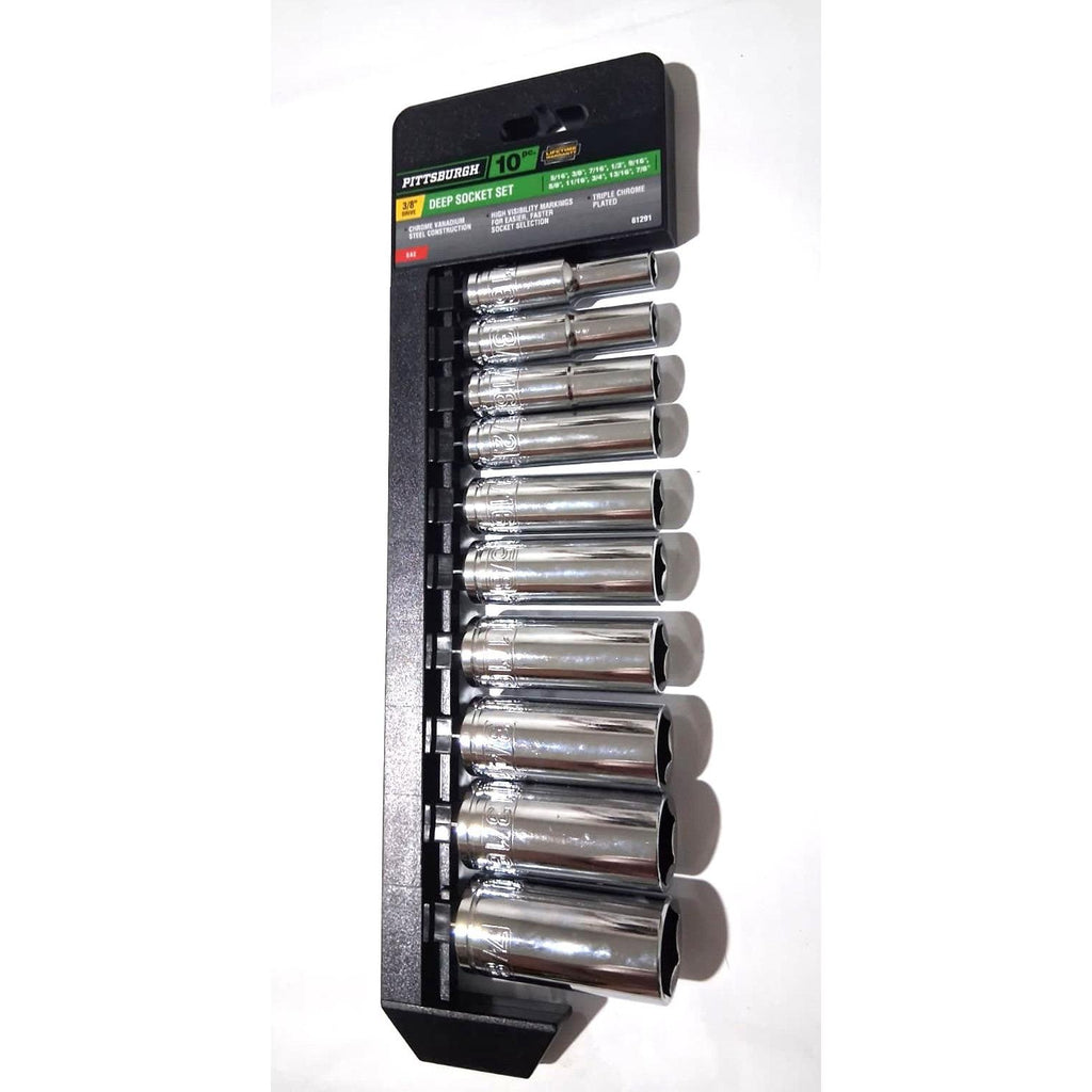 Pittsburgh 10-Piece Deep Socket Set – 3/8" Drive, SAE, Triple Chrome-Plated